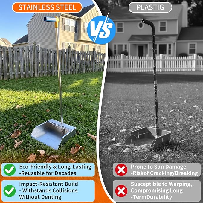 Metal Dustpan with Broom Combo Set, Heavy Duty 304 Stainless Steel 1mm Thick Dust Pan Supports Adult Weight, Long Handle Self-Standing Upright Broom for Home Kitchen Garage Cleaning