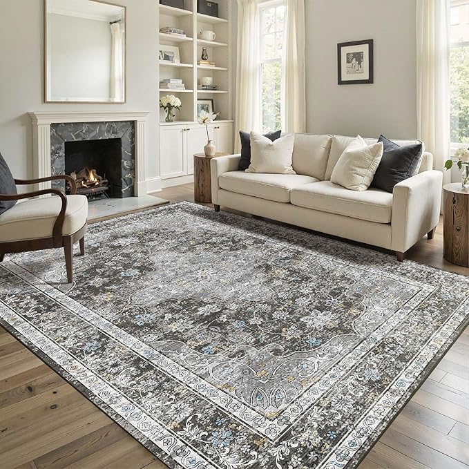 Area Rugs 5x7, Washable Black Rugs for Living Room, Bedroom, Non Slip, Neutral Floral Vintage Indoor Rug for Farmhouse Nursery, Dining Room, Kid Room, Office, Dorm