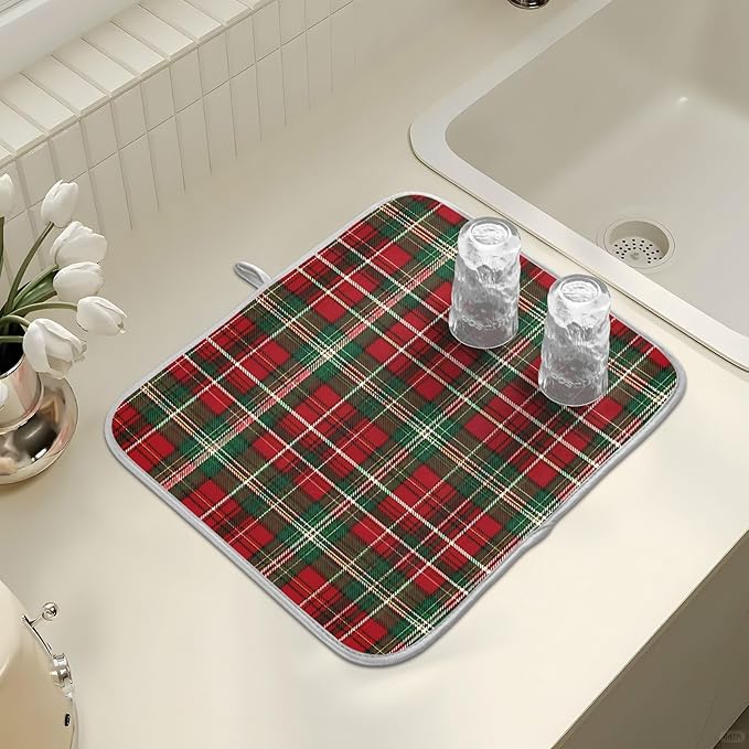 Christmas Red Green Buffalo Checkered Dish Drying Mat for Kitchen Counter Absorbent Microfiber Large Drying Pad Dish Mats for Kitchen Countertops 18 x 24 Inch