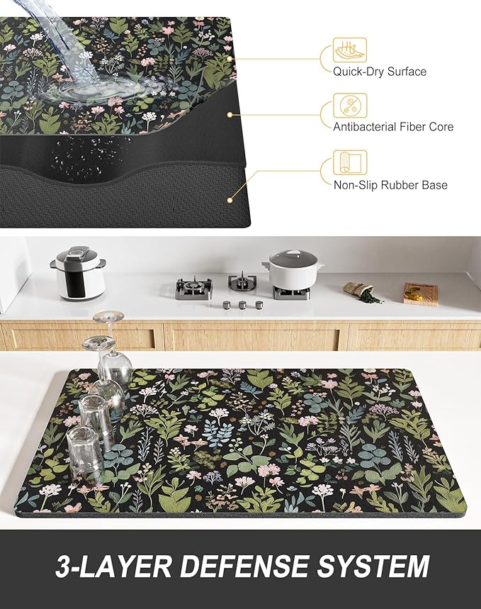 Rnivvi Dish Drying Mat for Kitchen Counter, 12 x 19" Cute Flower Theme Super Absorbent Draining Pad, Non-Slip Heat Resistant Coffee Bar Mat for Coffee Machine Station Accessories, Black Dish Rack Pad