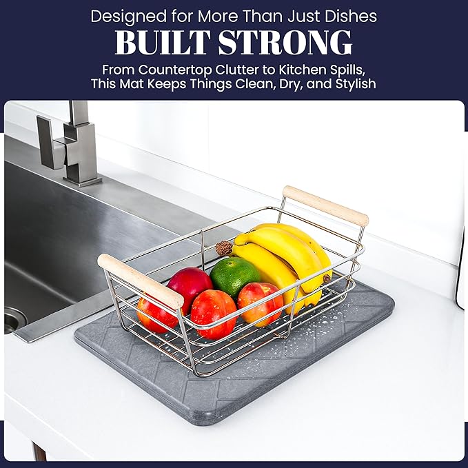 Large Folding Stone Dish Drying Mat for Kitchen Counter – Super Absorbent Diatomite Stone Drying Mat for Dishes, Cups & Bottles – Quick Dry, Space-Saving, Multi-Use Kitchen, Bath & Pet Mat – 23”×15”