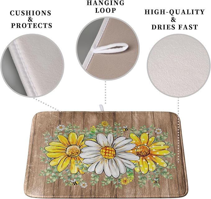 Rustic Daisy Floral Dish Drying Mat for Kitchen Counter Spring Summer Sunflower Dish Drying Mat Bee Absorbent Microfiber Dish Mat Reversible Dish Drainer Rack Mat 16x18 Inch
