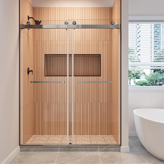68-73" W x 80" H Frameless Shower Door, Double Sliding Glass Shower Door with 3/8" (10mm) SGCC Tempered Glass, Dual 304 Stainless Towel Bars Bathroom Shower Glass Door (Gunmetal)