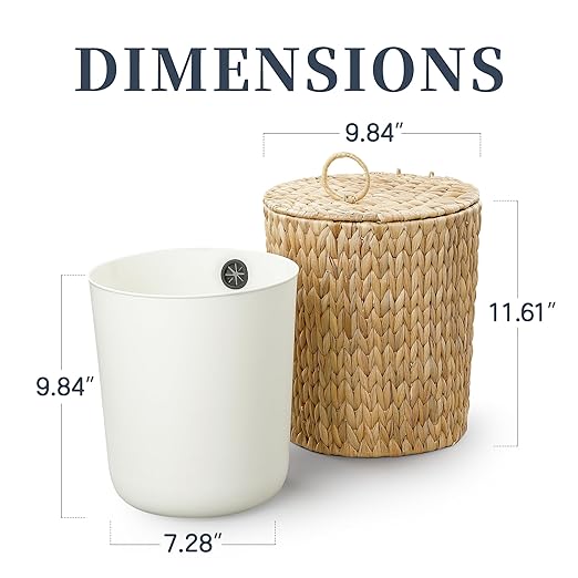 4 Gallon Wicker Trash Can with Lid, Small Bathroom Trash Can, Water Hyacinth Woven Waste Basket, Rattan Boho Decorative Garbage Can with Removable Liner for Bedroom, Home Office (Round,Natural)