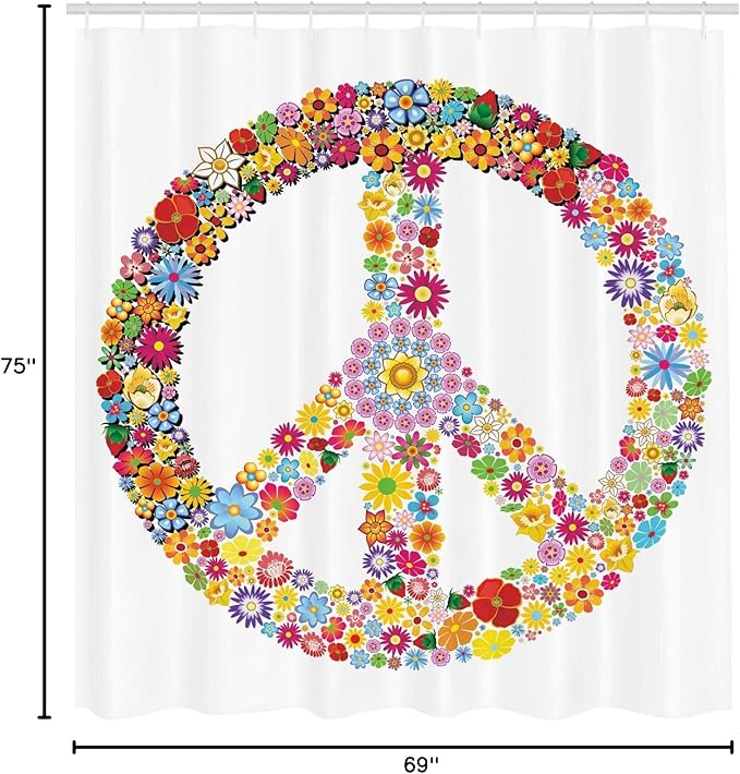 Ambesonne Groovy Shower Curtain, Floral Peace Sign Summer Spring Blooms Love Happiness Themed Illustration Print, Cloth Fabric Bathroom Decor Set with Hooks, 69" W x 75" L, White