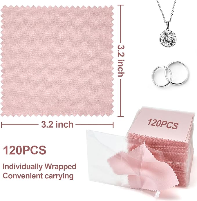 PINGMIC 120PCS Jewelry Cleaning Cloth, Professional Polishing Cloth Individually Wrapped, Pink Silver Polishing Cloth for Jewelry Sterling Silver Gold Platinum Watch Coins and More (3.15" x 3.15")