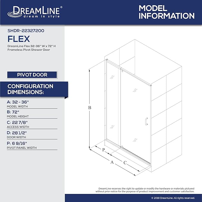 DreamLine Flex 32-36 in. W x 72 in. H Semi-Frameless Pivot Shower Door in Brushed Nickel, SHDR-22327200-04