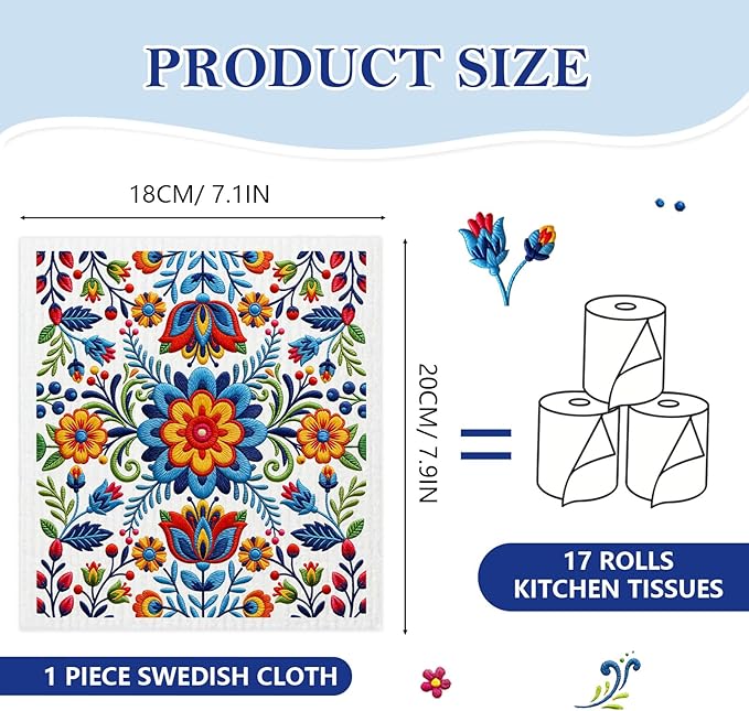 5 Pack Mixed Fiesta Floral Cinco De Mayo Kitchen Dishcloths Dish Towel, Dish Towels for Kitchen, Swedish Dishcloth Colorful Flower, Paper Towels Reusable, Dish Cloth Towel Cleaning for Home