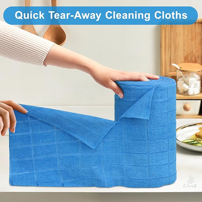 LIVOS Microfiber Cleaning Cloth Roll - 80 Pack, Reusable Paper Towels, Microfiber Towels for Cars, Super Absorbent Lint Free Cleaning Rags for House, Kitchen, Window-Check Blue, 11.5"x11.5"