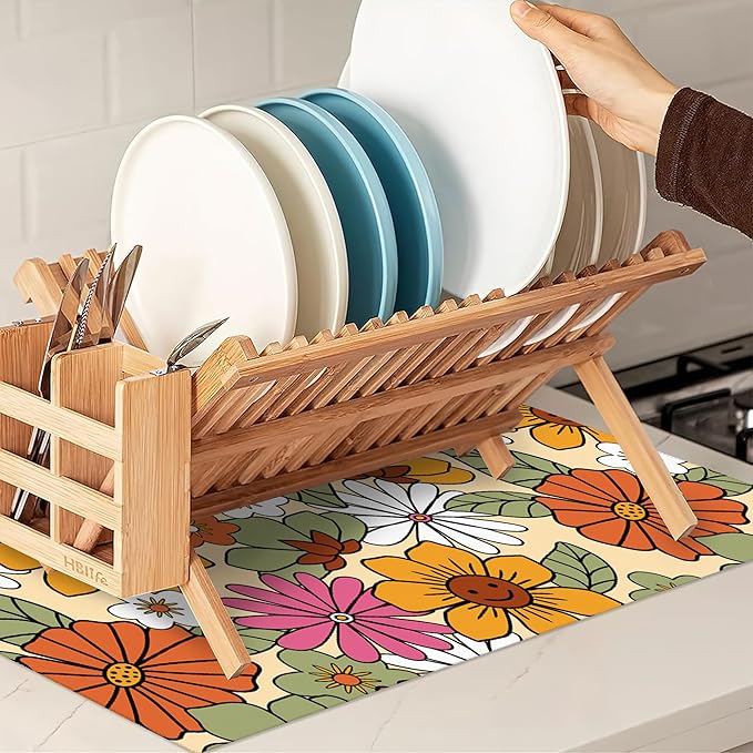 Retro 70s Groovy Flowers Dish Drying Mats 18x24 Inch,Daisy Boho Dish Pad Drying Rack Mat for Kitchen Counter Ultra Absorbent Microfiber Dishware Coffee Maker Bar Countertop Decor