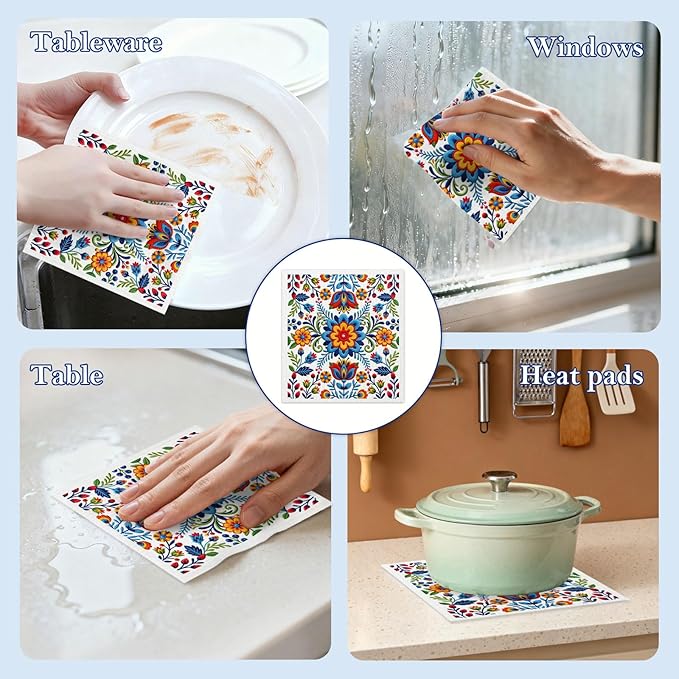 5 Pack Mixed Fiesta Floral Cinco De Mayo Kitchen Dishcloths Dish Towel, Dish Towels for Kitchen, Swedish Dishcloth Colorful Flower, Paper Towels Reusable, Dish Cloth Towel Cleaning for Home