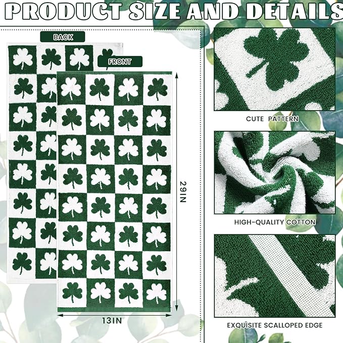 Frienda 4 Pcs St Patrick's Day Hand Towels for Bathroom 13 x 29'' Soft 100% Cotton Green Shamrocks Decorative Towel Absorbent St. Patrick's Day Bathroom Decor for Drying Cleaning Cooking Gift