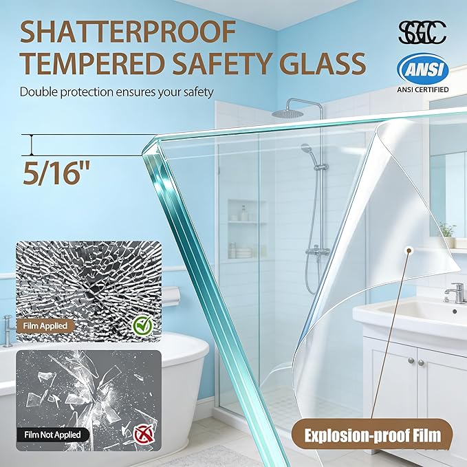 Frameless Shower Door, 56-60" W x 75" H 5/16" 8mm Glass Sliding Shower Doors with Explosion-Proof Film, Shower Doors for Walk in Shower with Clear Tempered Glass Stainless Steel Hardware, Matte Black