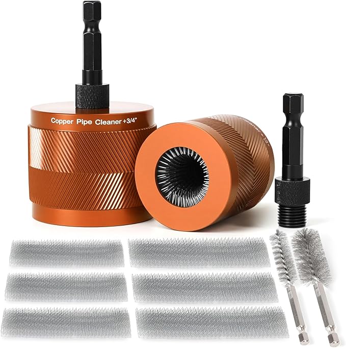 1/2" & 3/4" Copper Pipe Cleaner Set for Drill, with 1/4" Hex Shank & 6 Brush Blades & 2 Pipe Cleaning Brush, Plumbing Tools for Removing Rust, Stains & Paint from Copper & Metal Pipes, Orange