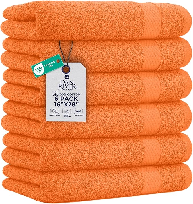 DAN RIVER 6-Pack Premium Hand Towels (16x28 Inches) - 100% Cotton, Ultra Soft, Lightweight, Highly Absorbent Towels for Bathroom, Spa, Gym, Salon, Hotel, and Travel - Orange