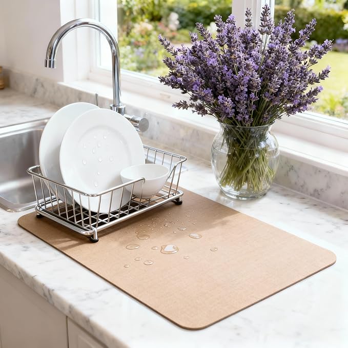 Dish Drying Mat Super Absorbent – 16" x 18" Coffee Mat for Countertops – Non-Slip Drying Mat for Kitchen Counter – Easy to Clean Water Absorbent Mat – Large Dish Drying Mats (Chowning's Tan)
