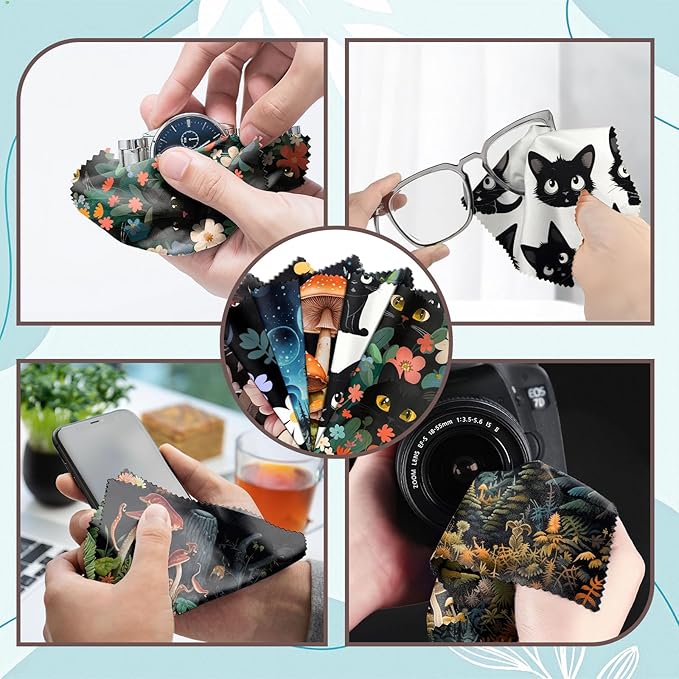 6 PCS Glasses Cleaning Cloth Eyeglass Lens Microfiber Cleaning Cloth Reusable Phone Screens Camera Cute Aesthetic Women Girls(6.3"x6.3")-Black