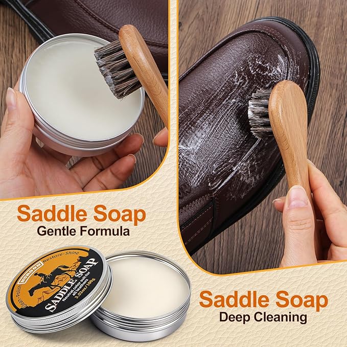 4 Pcs Leather Cleaner Boots Shoes Cleaning Kit-3.52oz Saddle Soap for Leather Items Cleaning, Including One Horsehair Shoes Polish Brush, Shine Cloth and Sponge Pad