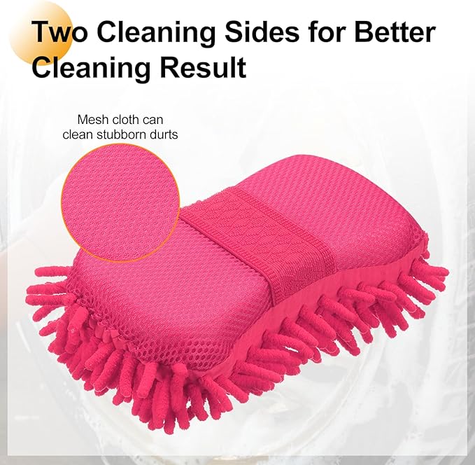 HARFINGTON Car Wash Sponge 8.7" x 4.3" Chenille Microfiber Mitt Scratch-Free Absorbent Scour Scrubber Cleaning Sponge for Washing Detailing on Cars, Trucks, SUV, Boats, RVs, Pink