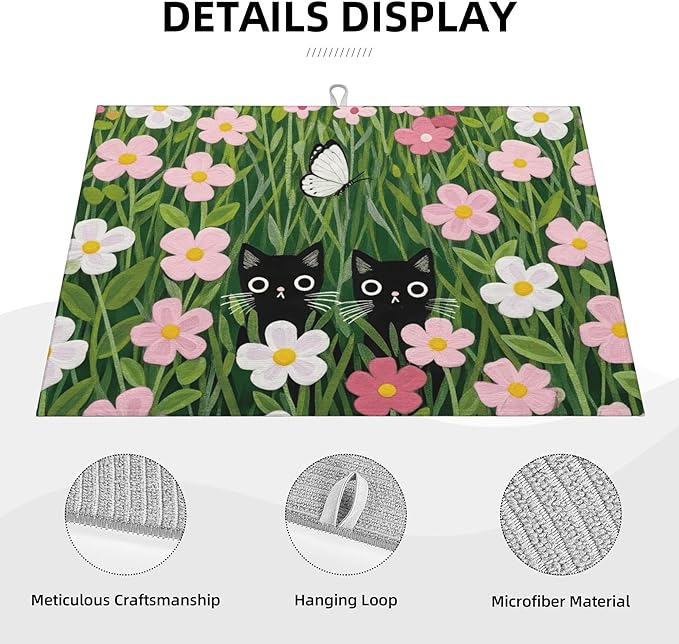 Pink Floral Cat Dish Drying Mat for Kitchen Counter, 18"x24" Microfiber Absorbent Fast Dry Mat, 2Pcs Dish Mat Faucet Mats Sets, Large Drying Kitchen Mat Kitchen Drying Pad Coffee Bar Decor Gifts