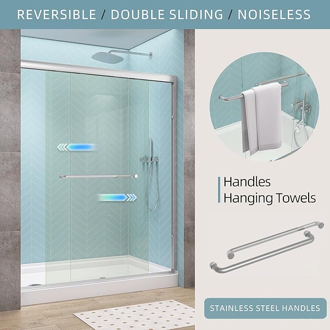 GETPRO Shower Door Sliding 44-48 in. W x 72 in. H Semi-Frameless Bypasss Double Sliding Doors for Shower,1/4 inch Clear Tempered Walk-in Shower Glass Door Brushed Nickel