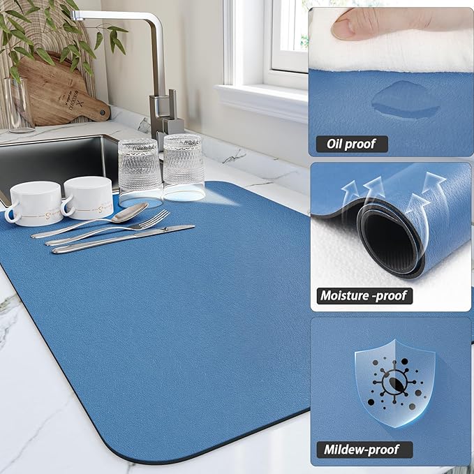 Dish Drying Mat for Kitchen Counter, Heat Resistant Drainer Mats with Non-slip Rubber Backed, Hide Stain Kitchen Super Absorbent Draining Mat, Easy to Clean Dish Rack Pad, Blue 18"x24"