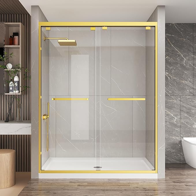 KPUY Glass Shower Door, 61-66" W x 76" H Semi-Frameless Double Sliding Shower Door, 1/4" (6mm) Thick Tempered Clear Glass with Explosion-Proof Film Nano Coating, Brushed Gold