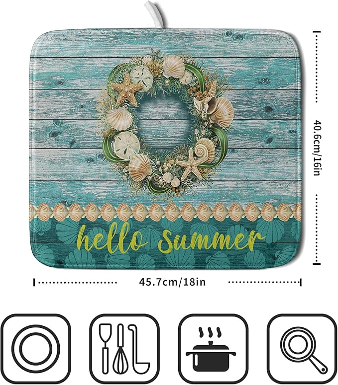 Hello Summer Dish Drying Mat for Kitchen Counter,Sea Shell Starfish Coastal Wreath Drying Mat 16 x 18 Inch with Absorbent Reversible Microfiber Drying Pad for Coffee Bar
