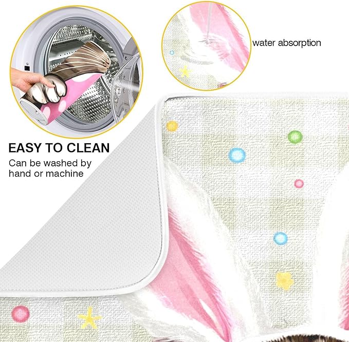Happy Easter Day Pink Dish Drying Mat Quick Absorbent 18x24 Easter Bunny Rabbit Eggs Butterfly Lily Flowers Kitchen Drying Mat for Countertop Sink Reusable Dishes Mats Kitchen Essentials
