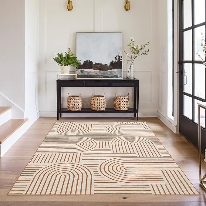 Washable Rug 5x7 Area Rugs for Living Room, Abstract Rug for Bedroom, Soft Rainbow Non Slip Throw Rugs with Rubber Back, Low Pile Stain Resistant Boho Geometric Carpet for Dining Room,Orange