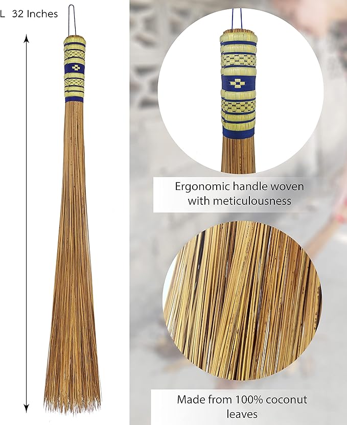 32 inch Multi-Surface Sturdy Outdoor Authentic Coconut Leaf Broom Asian Heavy Duty Broom Thai Natural Coconut Leaf Broom (Country Rustic) (1 Piece)