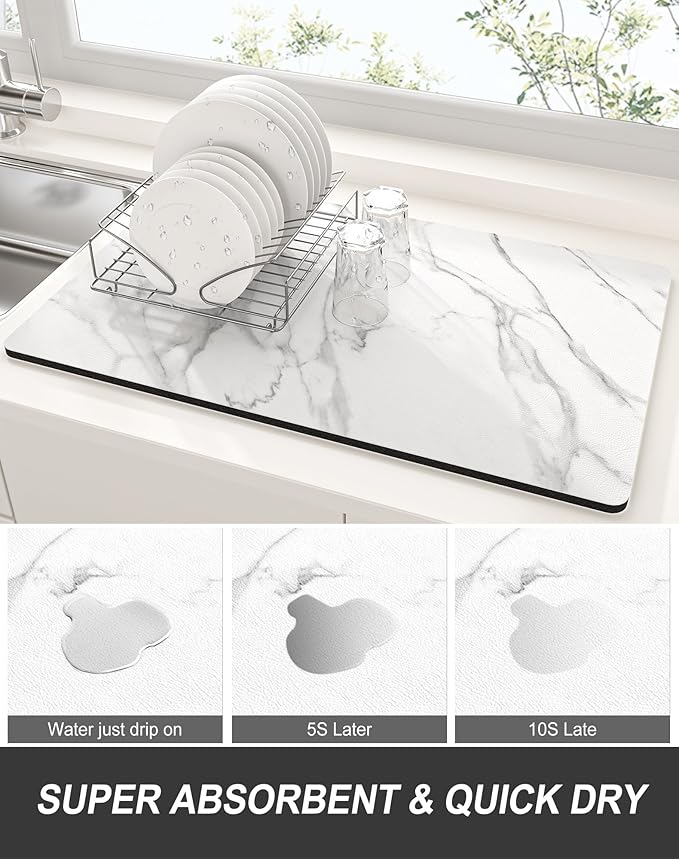 Rnivvi Dish Drying Mat for Kitchen Counter, 12 x 19" Cute Marble Super Absorbent Draining Pad, Non-Slip Heat Resistant Coffee Bar Mats for Coffee Machine Station Accessories, White Dish Rack Pad