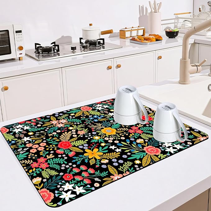 Dish Drying Mat for Multiple Usage. Super Absorbent, Easy clean, Quick dry, Cocina Accesorios for Kitchen Counter or Faucet Sink, Coffee bar, Refrigerator or Air fryer liners, 2 Pack wildflowers