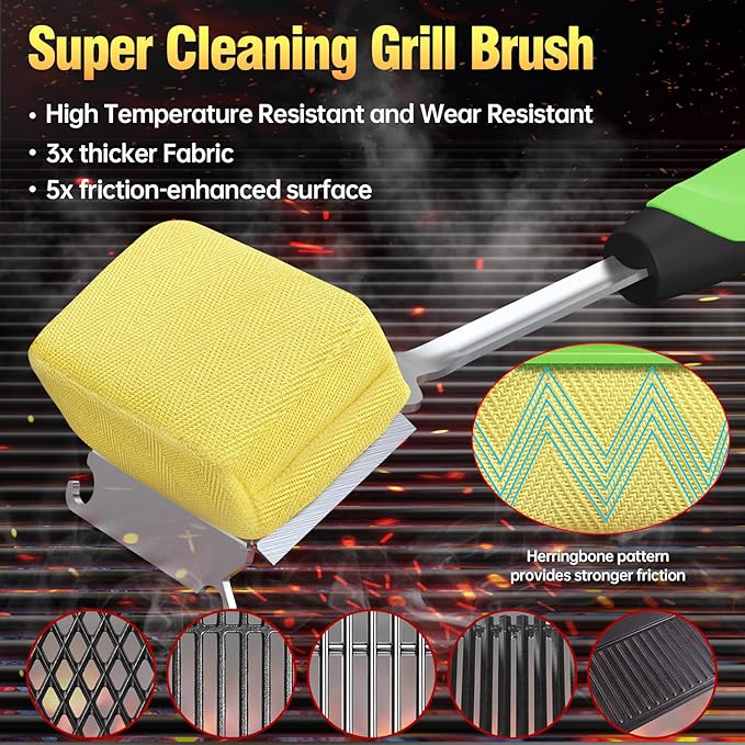 Grill Brush Bristle Free for Outdoor Grill, Steam Grill Cleaning Brush Replaceable BBQ Cleaner Brush Head,Extended Handle, Safe Grill Brush with Scraper for Cast Iron Stainless-Steel Grates