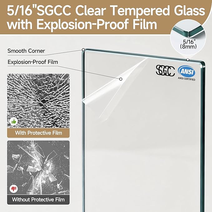Frameless Bathtub Shower Door, 56-60" W x 60" H Single Sliding Tub Shower Glass Doors, 5/16" (8mm) SGCC Tempered Glass Bath Tub Door with Explosion-Proof Film, Brushed Gold, Easy to Clean