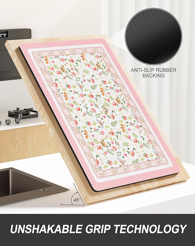 Rnivvi Dish Drying Mat for Kitchen Counter, 12 x 19" Cute Flower Theme Super Absorbent Draining Pad, Non-Slip Heat Resistant Coffee Bar Mats for Coffee Machine Station Accessories, Pink Dish Rack Pad