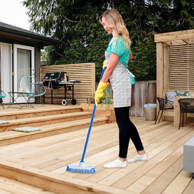Superio Deck Brush with Long Handle Heavy Duty Stiff Bristles Grout Scrubber Brush with Scraper, Cleans Hot Tub, Pool, Granite Tiles, Bathroom, Patio, Garage, Kitchen, Wall and Deck (1, 48")