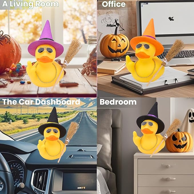Halloween 3.15" Fun Rubber Duck Witch Duck Car Dashboard Decorations Halloween Witch Hat Broom Sunglasses Necklace for Car Home for Office Accessories