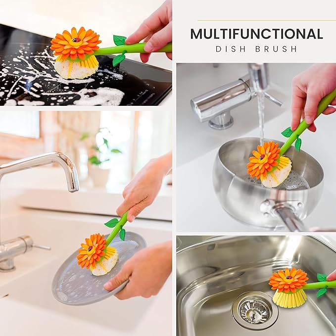 Vigar Flower Power Dish Brush with Handle and Vase Dish Brush Holder, Kitchen Scrub Brush for Pot Scrubber, Dishes, and Sink Cleaning, Orange, Green