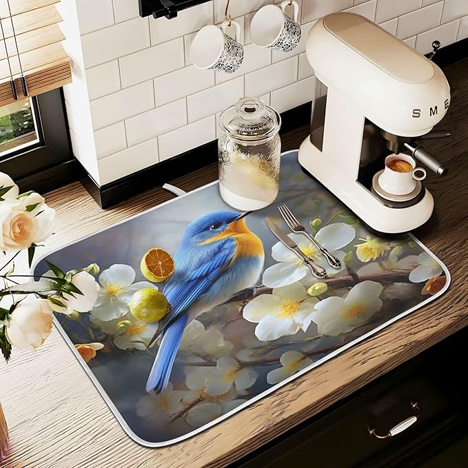Spring Blue Yellow Flower Bluebird Butterflies Dish Drying Mat for Kitchen Counter Absorbent Microfiber Large Drying Pad Dish mats for Kitchen Countertops 18 x 24 Inch