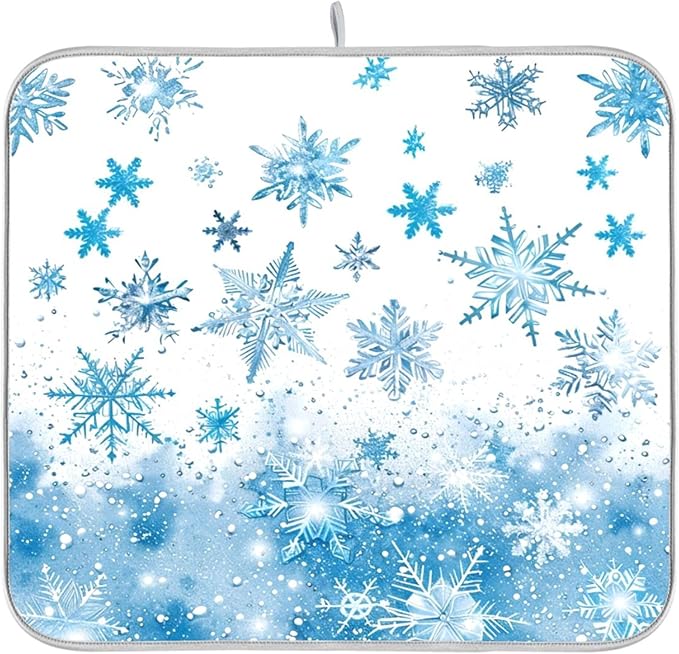 Winter Snowflake Blue Dish Drying Mat for Kitchen Countertop 16x18 Christmas Snowman White Xmas Small Drying Mat Reusable Quick Dry Dish Sink Mats Easy Clean Decorative Essentials