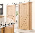 Homacer Brushed Nickel Double Track U-Shape Bypass Sliding Barn Door Hardware Kit, for Three Doors, 9ft Long Flat Track, T-Shape Design Roller
