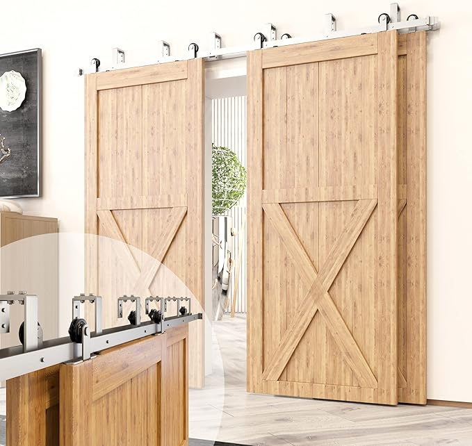 Homacer Brushed Nickel Double Track U-Shape Bypass Sliding Barn Door Hardware Kit, for Three Doors, 4.5ft Long Flat Track, T-Shape Design Roller