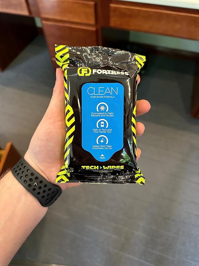 Fortress Electronic Wipes With Microfiber Cloth (25 ct.) To-Go Tech Wipes for Screens, Phones, Keyboards, TV Monitors, Computer Screens, and More [Travel Size] Skin-Safe