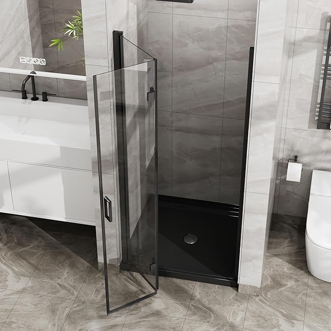 Frameless Bi-Fold Shower Door 34" W x 72" H, 1/4" Clear Tempered Glass, Folding Swing Design, Reversible Installation, Black Finish, Space-Saving Glass Shower Door for Small Bathrooms