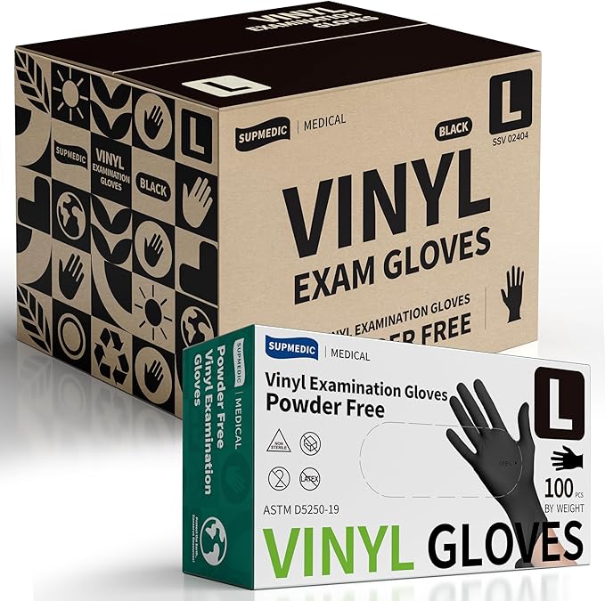 Vinyl Disposable Exam Gloves, Black 4Mil Powder-Free Latex-Free Medical Food Safe Cooking Cleaning Glove 100 &1000Ct