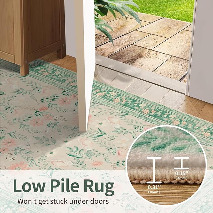 Entryway Rug, 3x5 Washable Area Rug, Green Vintage Boho Throw Rugs, Non Slip Low Pile Small Carpet for Bedroom, Girls Kids Room and Nursery Room(Sage Green 3x5ft)