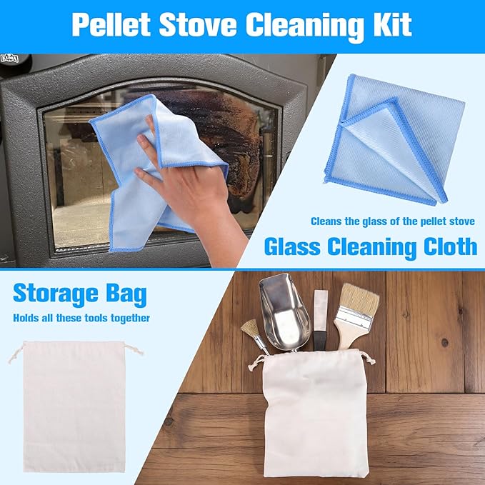 XANGNIER Pellet Stove Cleaning Kit,Pellets Stove Brush Cleaner Accessories Tools-Including Professional Steel Wire Brush,Stainless Steel Shovel,Storage Bag,Cleaning Stove Pellet Indoor
