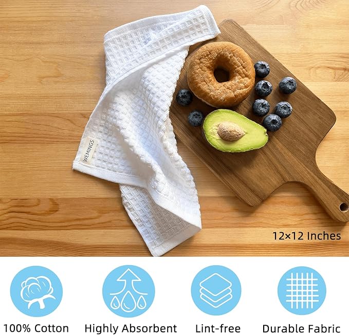 Cotton Dishcloths Set for Home and Kitchen Cleaning - 12x12 Inches Pack of 6- Dish Cloths,Dish Towels,Dish Rags - with Hanging Loop - 100% Cotton,Soft,Absorbent (White, 6)