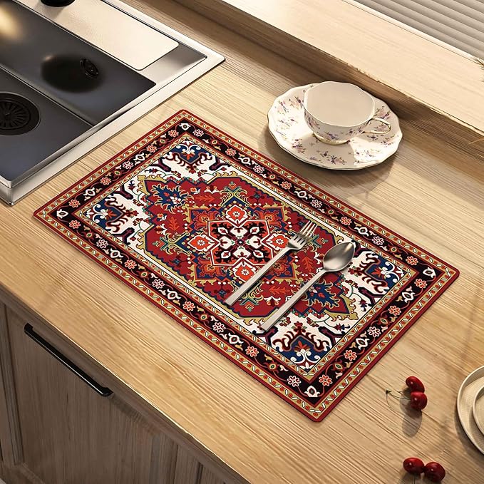 Boho Dish Drying Mat Absorbent Coffee Mat Rubber Backed Soft Silicone Kitchen Drying Mat for Kitchen Bathroom Coffee Bar (16 x 24 Inches, American Boho B)